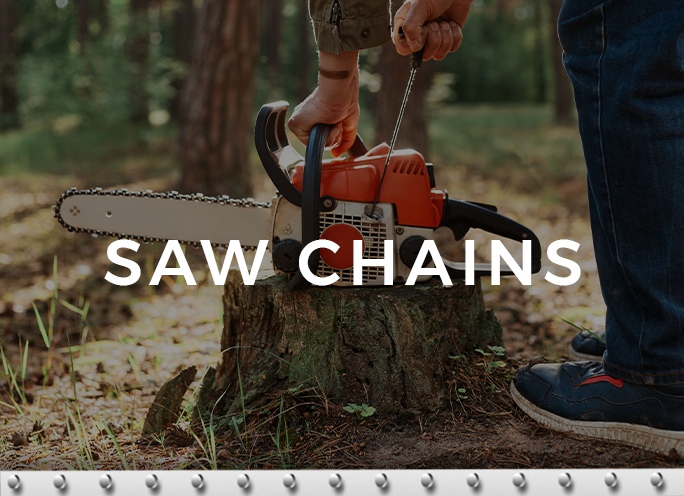 Person sharpening chainsaw on stump in forest.
